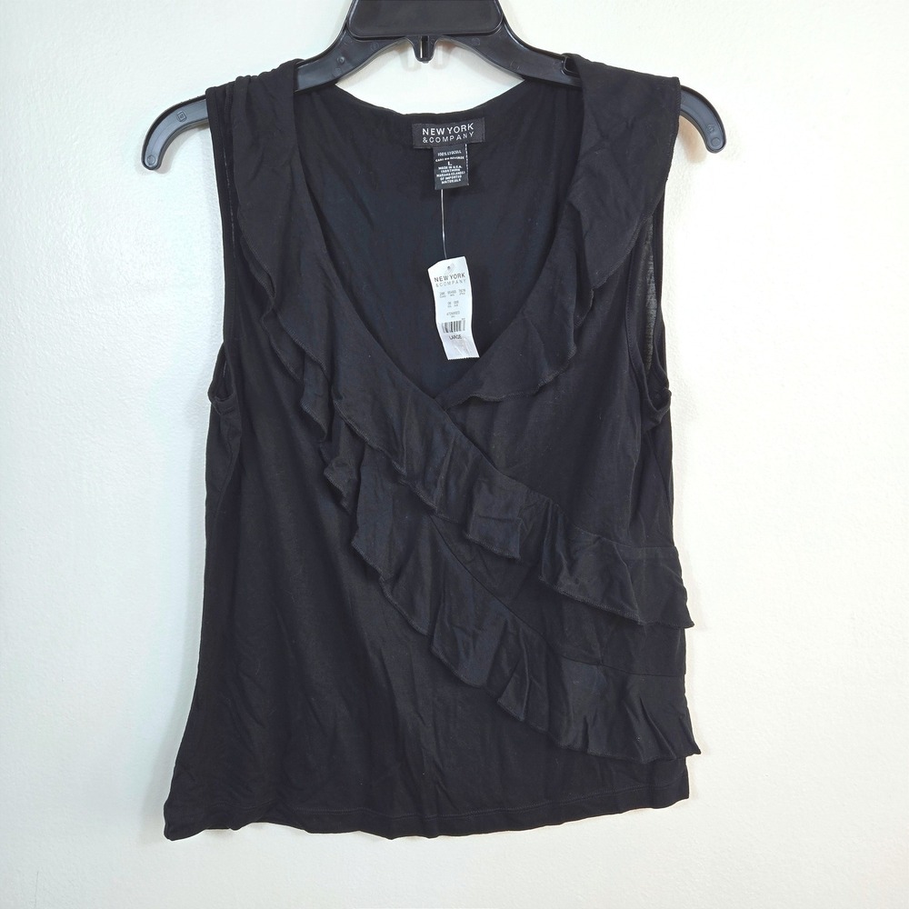 Vintage New York & Co Womens Black Sleeveless V-neck Ruffle Blouse Large NEW Y2K